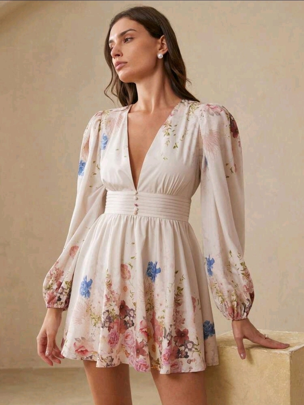 V-Neck Long Sleeve Floral Mini Dress in Blush